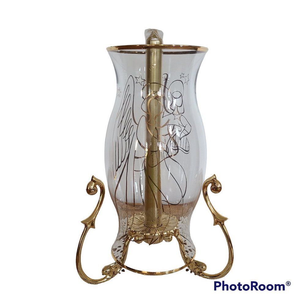Partylite Versailles Stand Candle Holder With Golden Angel Hurricane Shade P7078